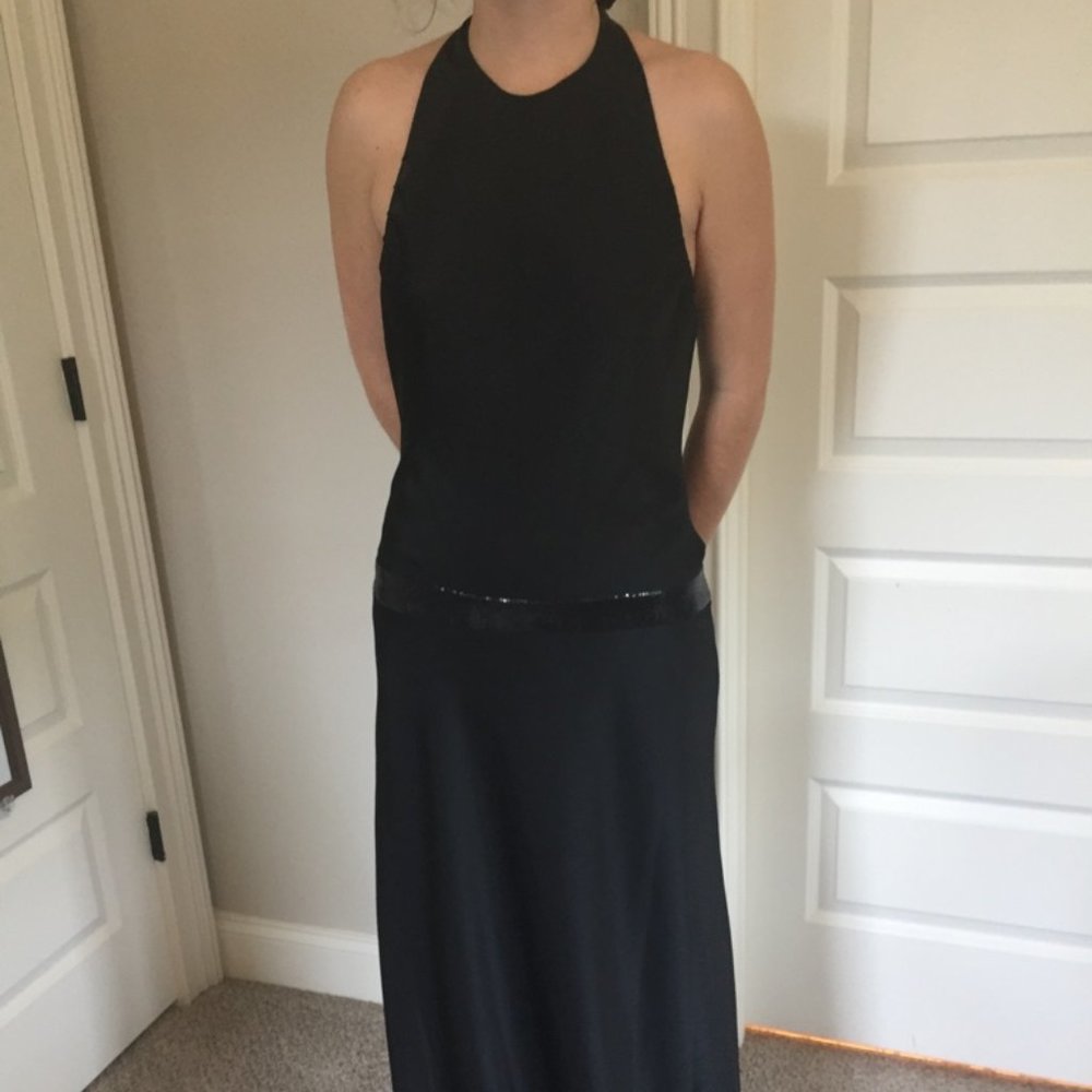 Black Satin Sequin Calvin Klein Halter Evening Gown Prom Dress